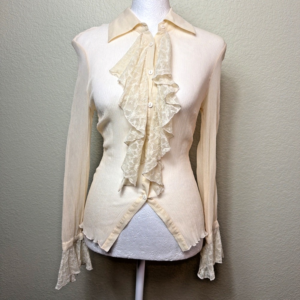 Shape FX Womens Top S Cream 100% Silk Ruffle Front Lace Cuff Y2K Coquette Fairy